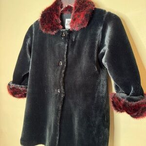 Corky & Company Faux Fur Black Coat with red fur collar Size 6X